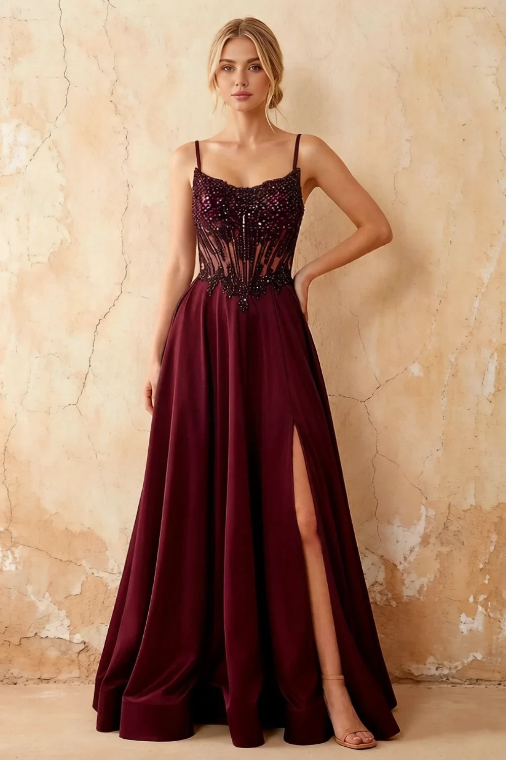Joy Burgundy Satin Beading Detachable Straps Maxi Dress