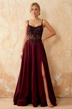 Joy Burgundy Satin Beading Detachable Straps Maxi Dress