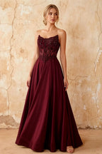 Joy Burgundy Satin Beading Detachable Straps Maxi Dress