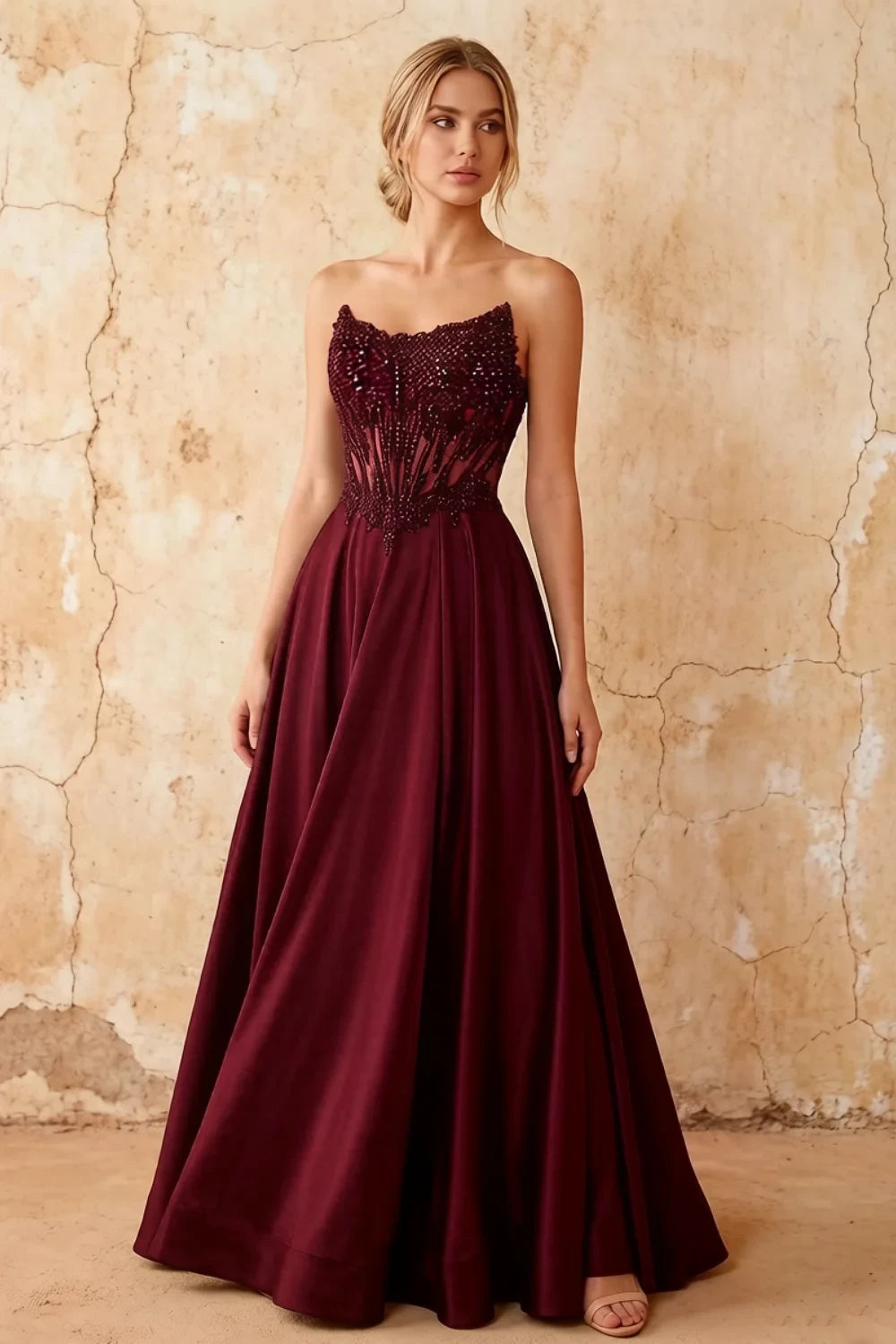 Joy Burgundy Satin Beading Detachable Straps Maxi Dress