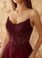 Joy Burgundy Satin Beading Detachable Straps Maxi Dress
