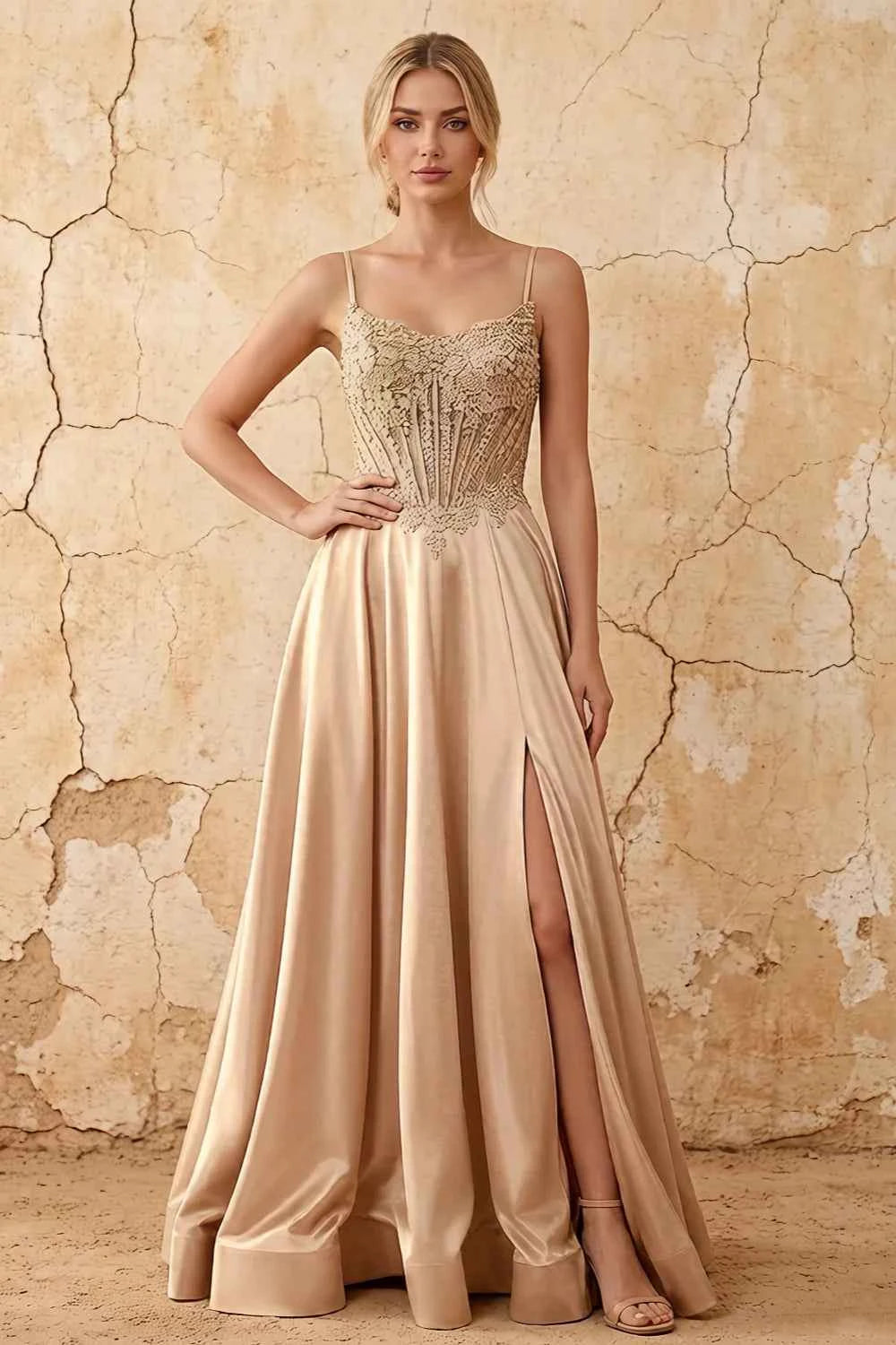 Joy Champagne Satin Beading Detachable Straps Maxi Dress