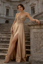 Joy Champagne Satin Beading Detachable Straps Maxi Dress