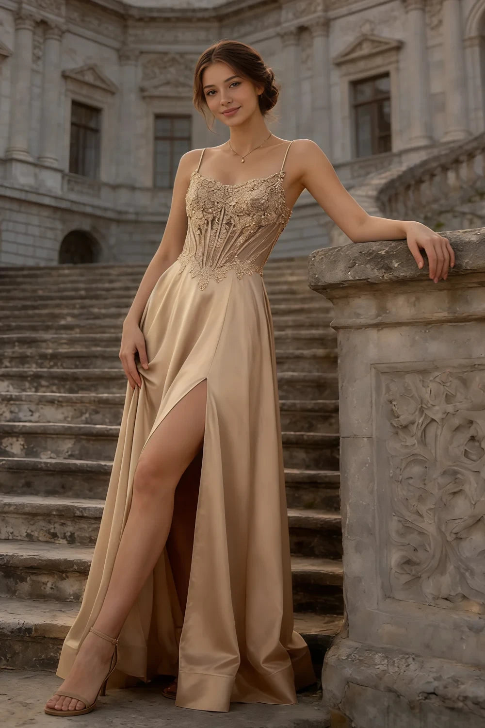 Joy Champagne Satin Beading Detachable Straps Maxi Dress