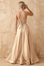 Joy Champagne Satin Beading Detachable Straps Maxi Dress