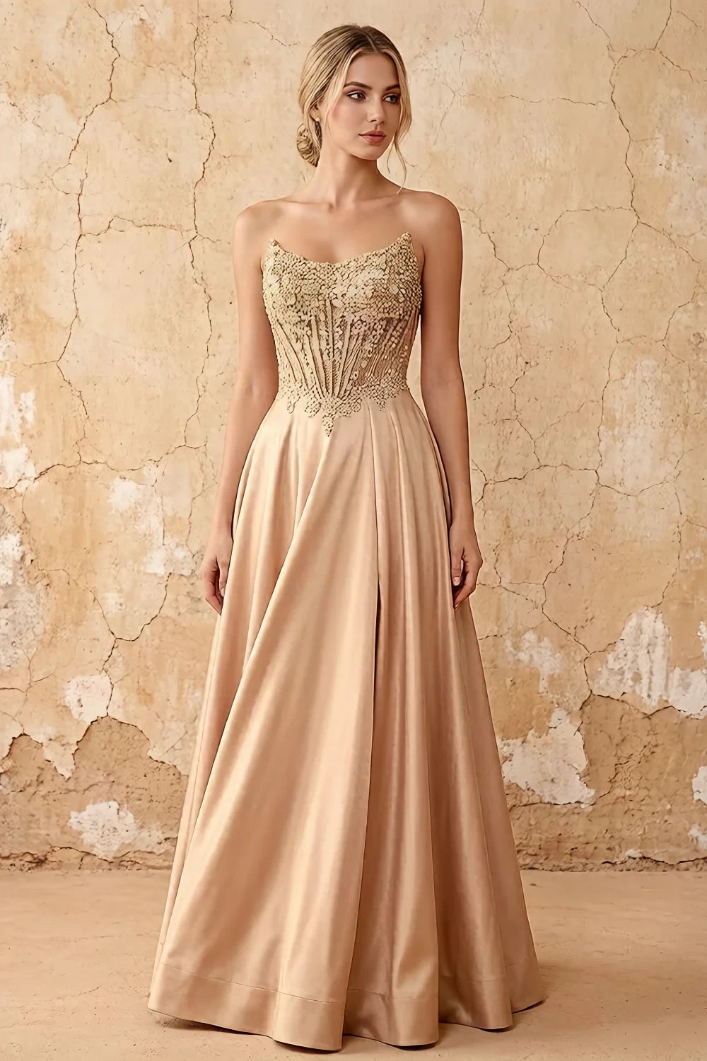 Joy Champagne Satin Beading Detachable Straps Maxi Dress