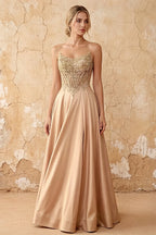 Joy Champagne Satin Beading Detachable Straps Maxi Dress