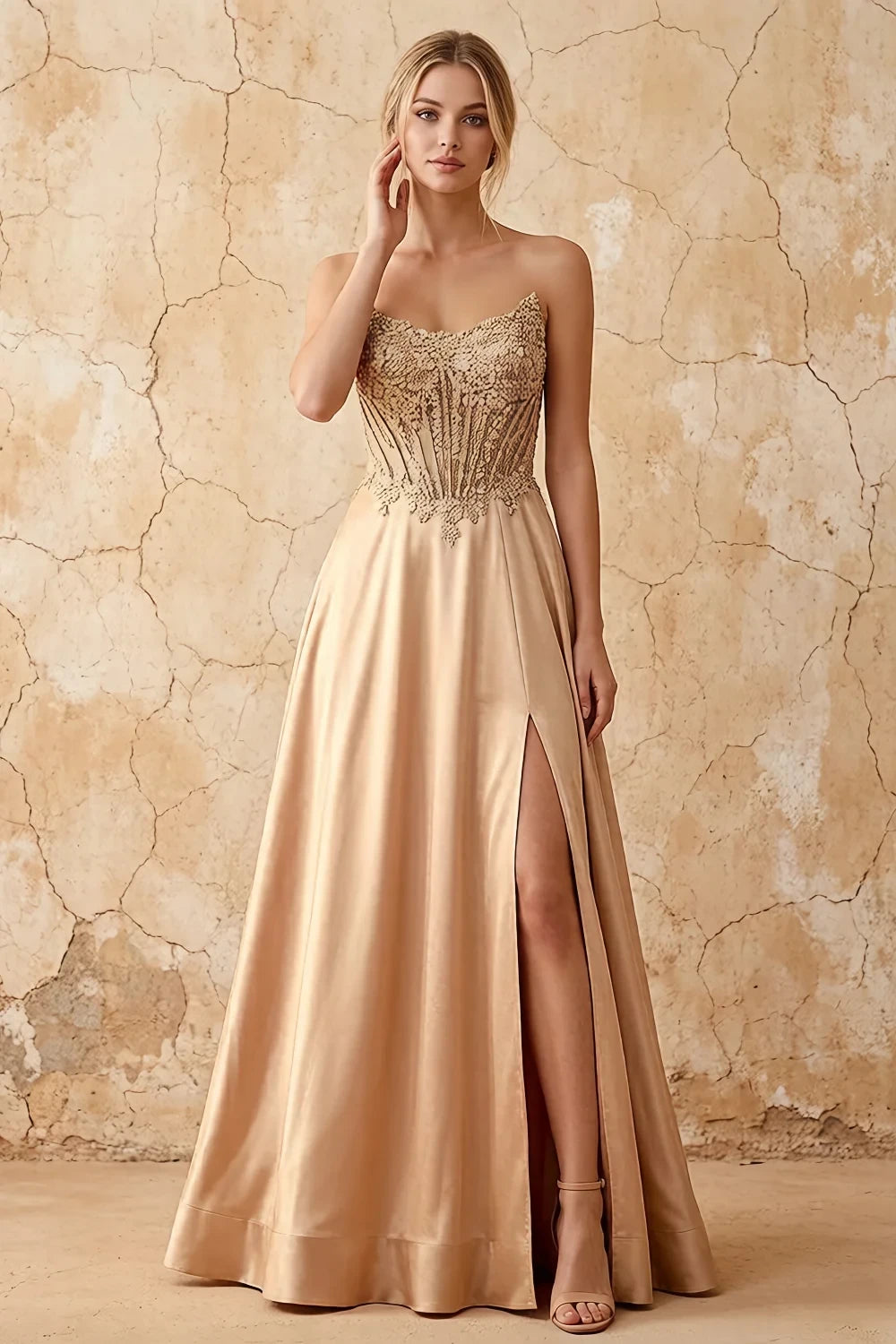 Joy Champagne Satin Beading Detachable Straps Maxi Dress