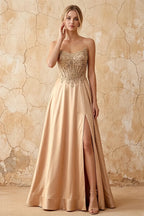 Joy Champagne Satin Beading Detachable Straps Maxi Dress
