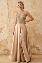 Joy Champagne Satin Beading Detachable Straps Maxi Dress