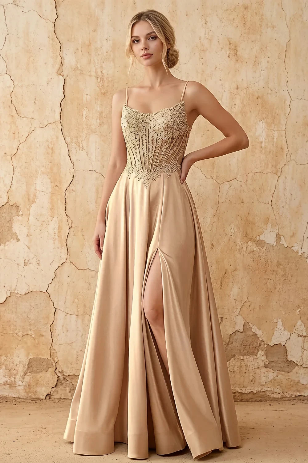 Joy Champagne Satin Beading Detachable Straps Maxi Dress