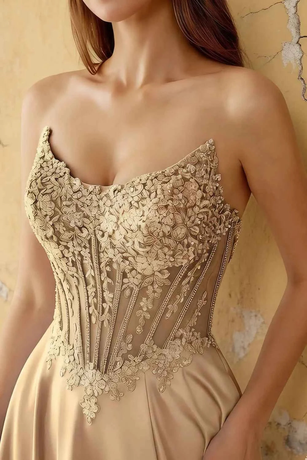 Joy Champagne Satin Beading Detachable Straps Maxi Dress