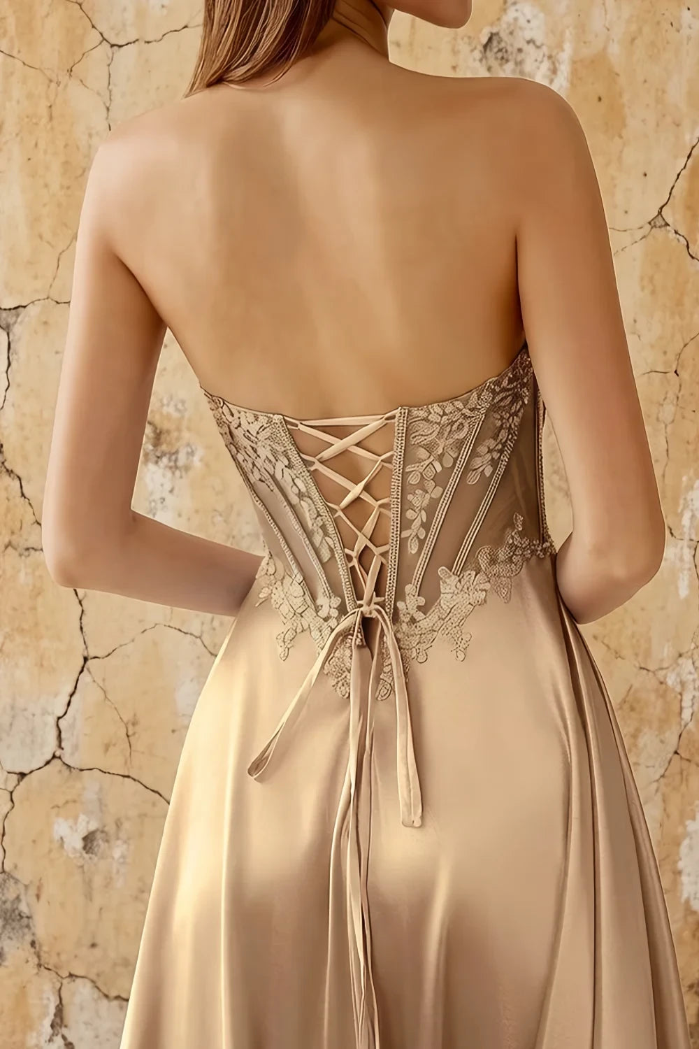 Joy Champagne Satin Beading Detachable Straps Maxi Dress