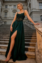 Joy Emerald Green Satin Beading Detachable Straps Maxi Dress
