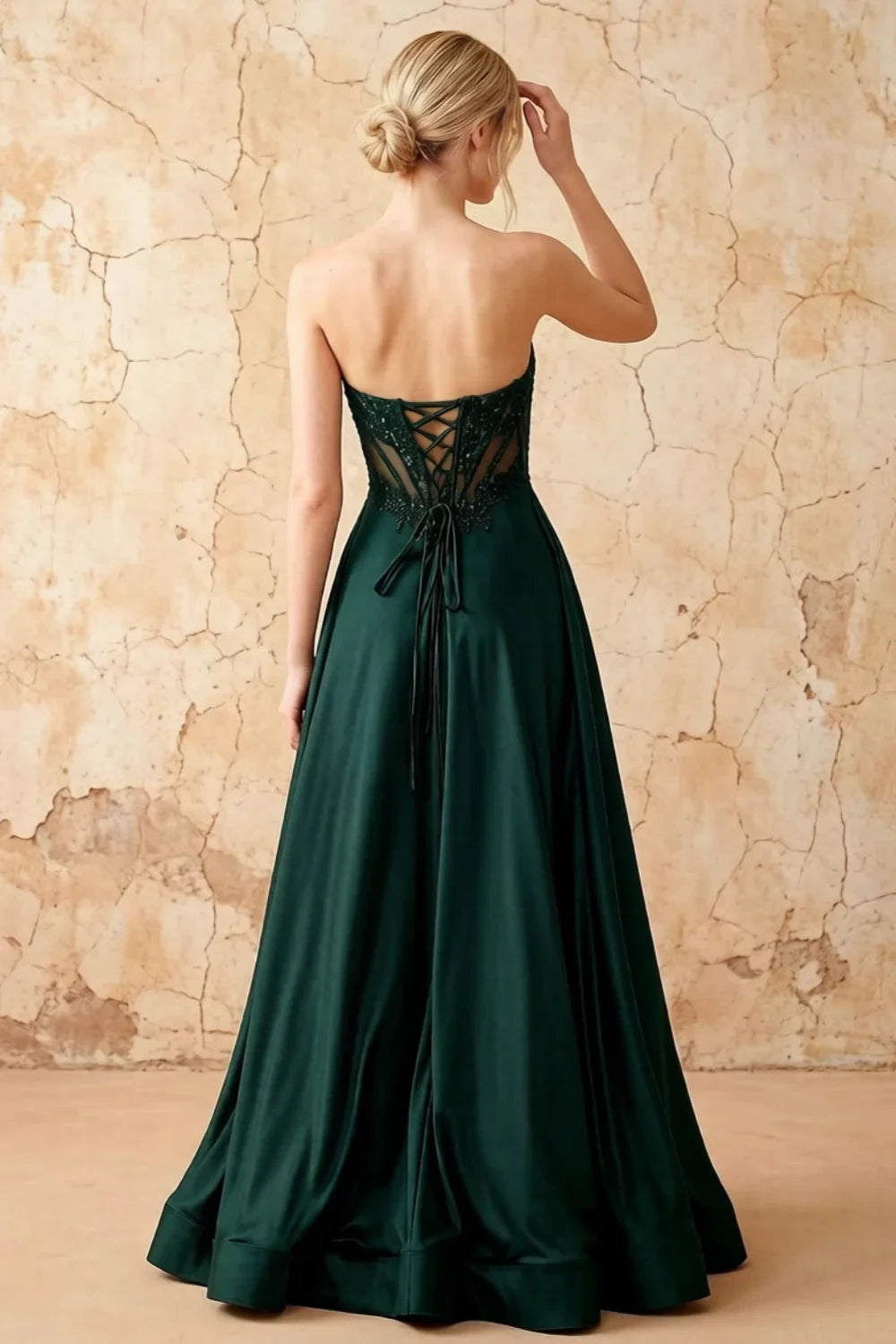 Joy Emerald Green Satin Beading Detachable Straps Maxi Dress