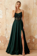 Joy Emerald Green Satin Beading Detachable Straps Maxi Dress