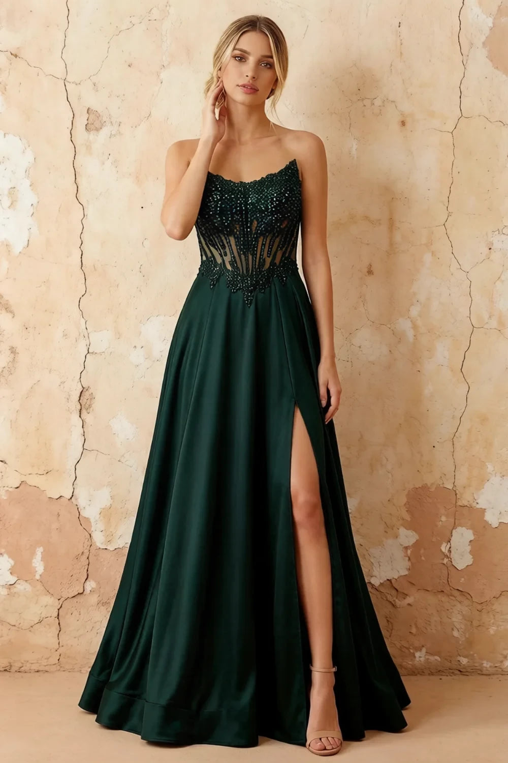 Joy Emerald Green Satin Beading Detachable Straps Maxi Dress