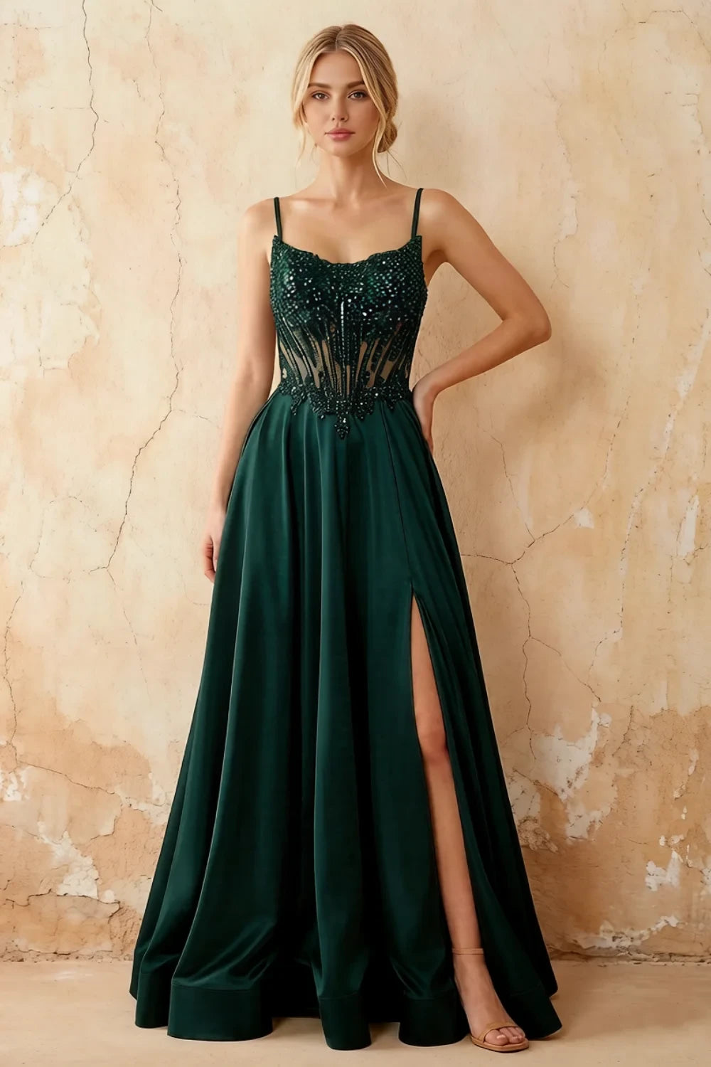 Joy Emerald Green Satin Beading Detachable Straps Maxi Dress