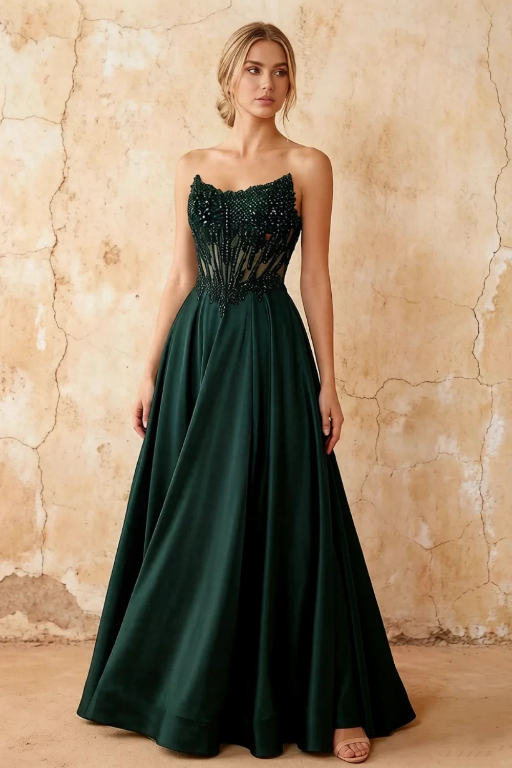 Joy Emerald Green Satin Beading Detachable Straps Maxi Dress
