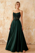 Joy Emerald Green Satin Beading Detachable Straps Maxi Dress