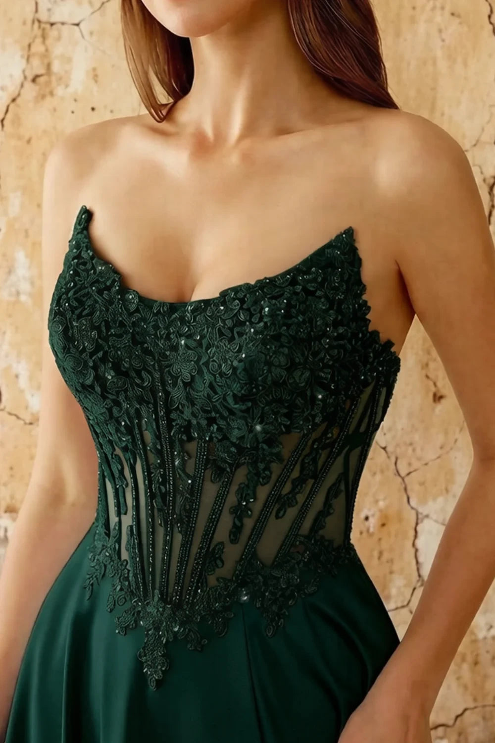 Joy Emerald Green Satin Beading Detachable Straps Maxi Dress