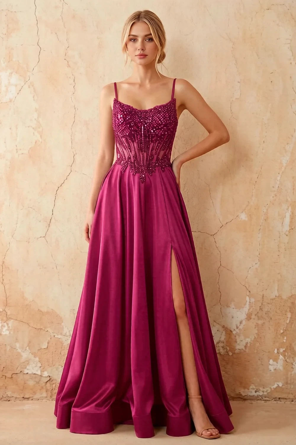 Joy Fuchsia Satin Beading Detachable Straps Maxi Dress Main image