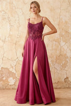 Joy Fuchsia Satin Beading Detachable Straps Maxi Dress