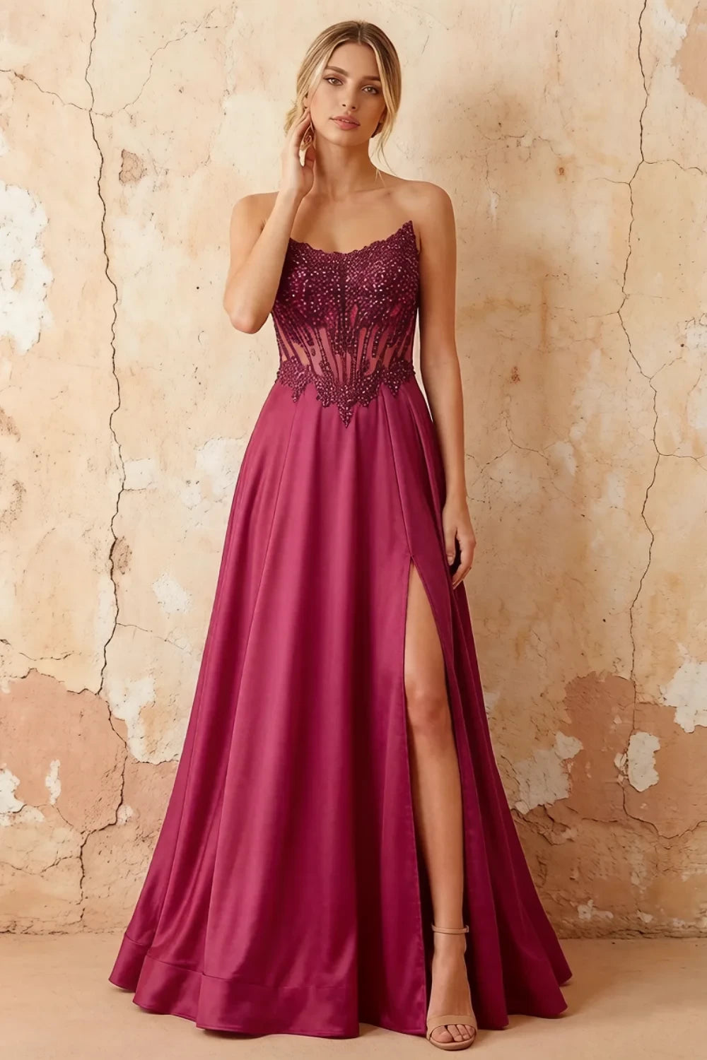Joy Fuchsia Satin Beading Detachable Straps Maxi Dress