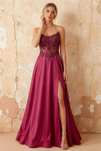 Joy Fuchsia Satin Beading Detachable Straps Maxi Dress