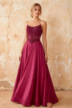 Joy Fuchsia Satin Beading Detachable Straps Maxi Dress