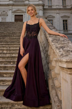 Joy Grape Satin Beading Detachable Straps Maxi Dress