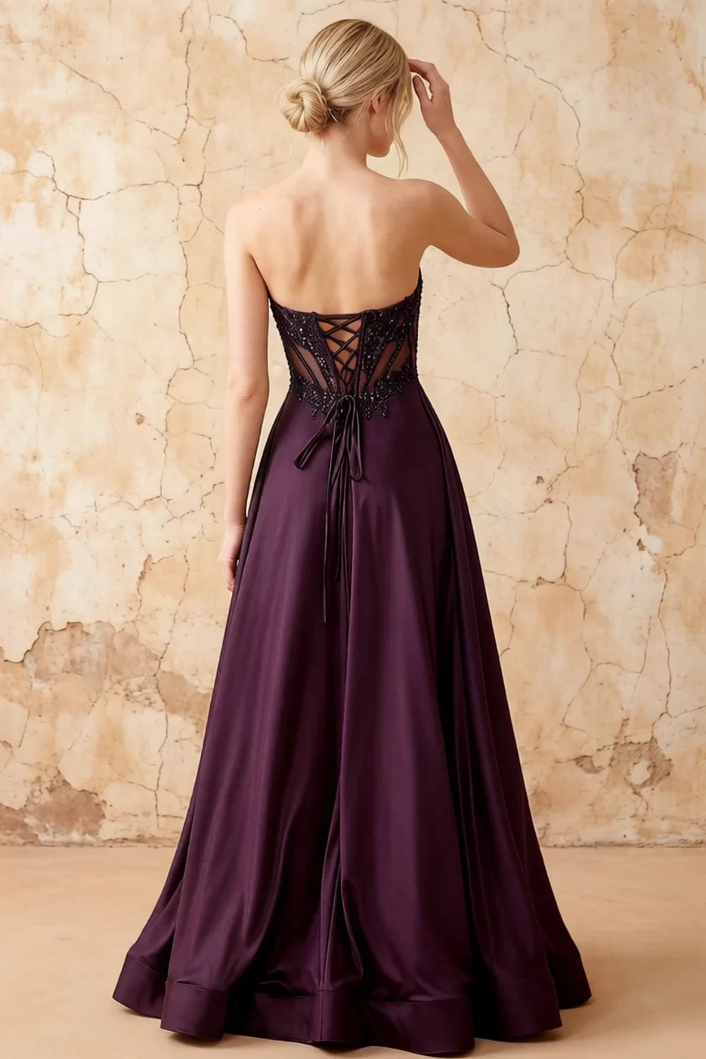 Joy Grape Satin Beading Detachable Straps Maxi Dress