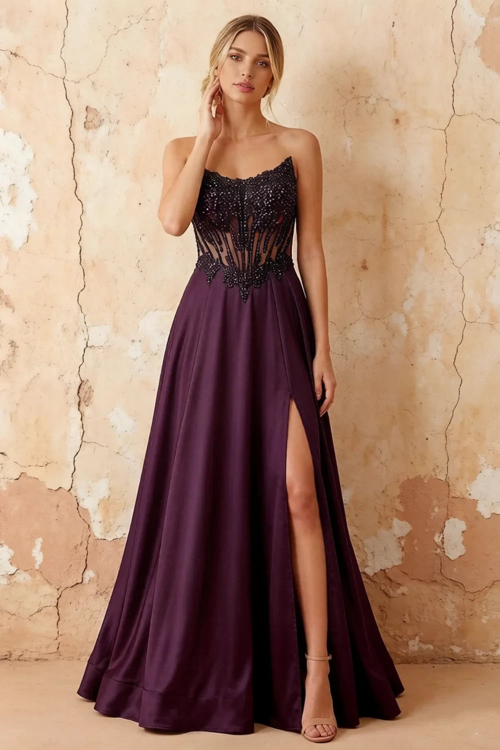 Joy Grape Satin Beading Detachable Straps Maxi Dress