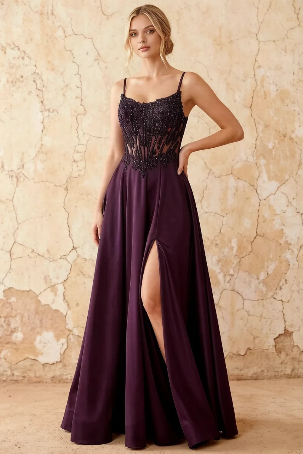 Joy Grape Satin Beading Detachable Straps Maxi Dress