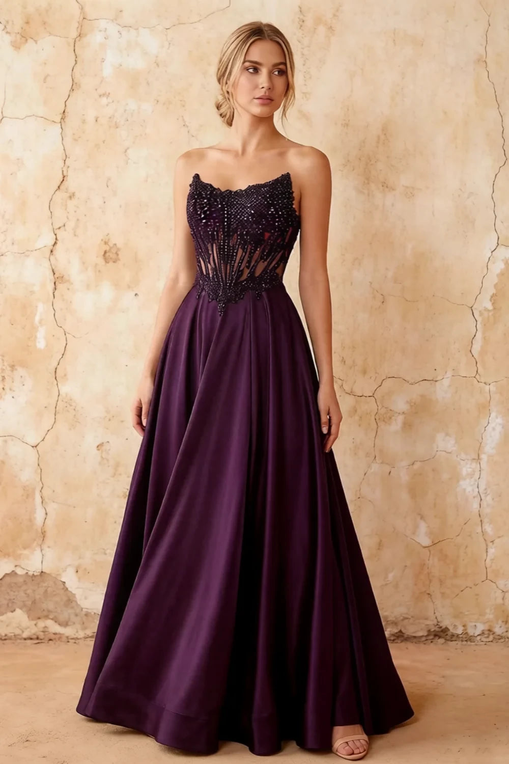 Joy Grape Satin Beading Detachable Straps Maxi Dress