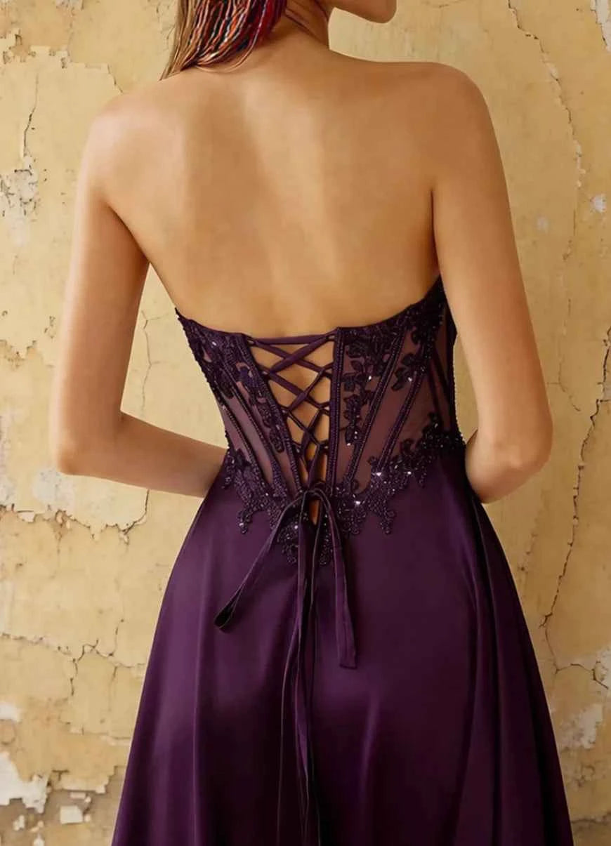 Joy Grape Satin Beading Detachable Straps Maxi Dress