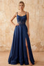 Joy Navy Blue Satin Beading Detachable Straps Maxi Dress