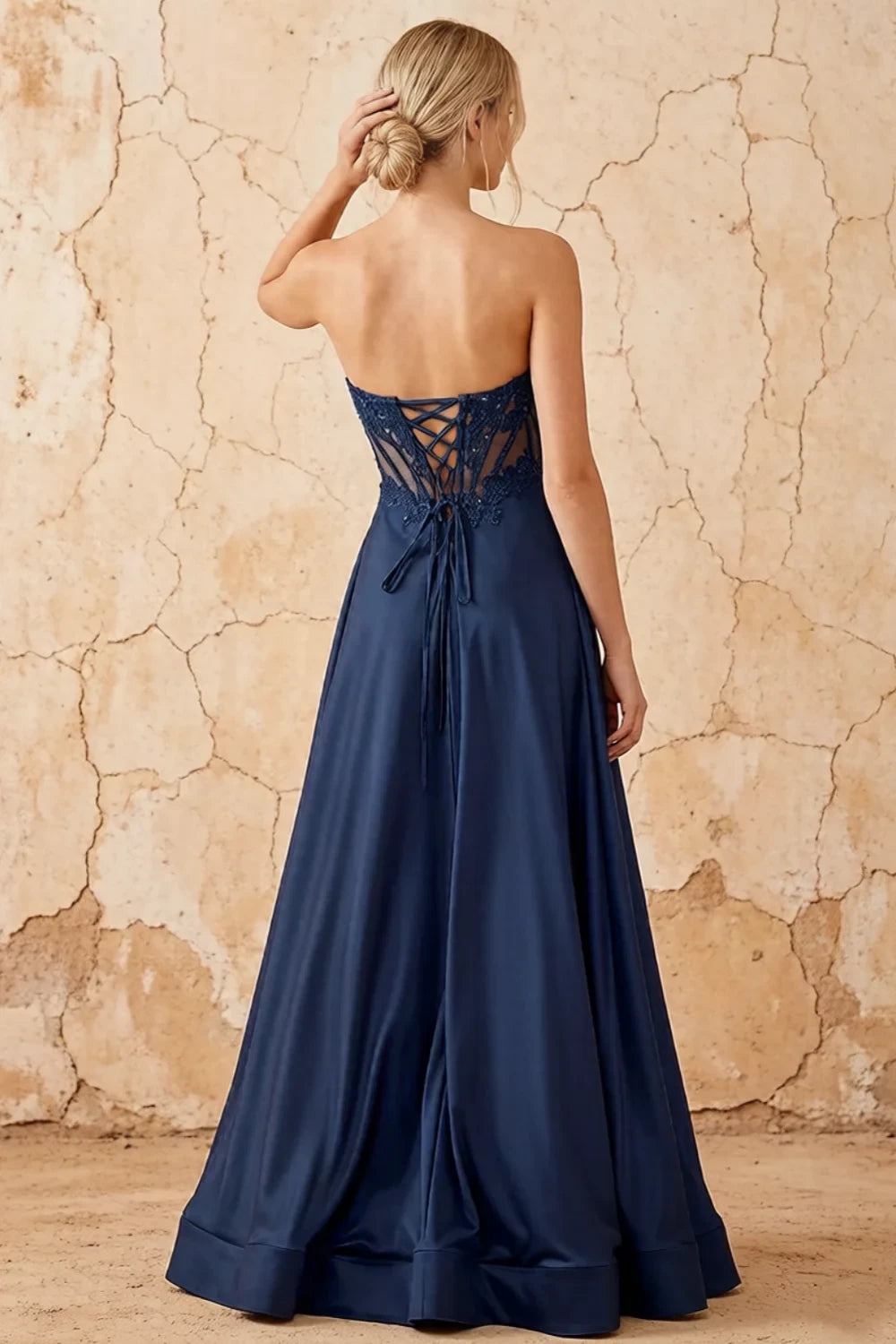 Joy Navy Blue Satin Beading Detachable Straps Maxi Dress