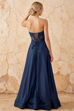 Joy Navy Blue Satin Beading Detachable Straps Maxi Dress