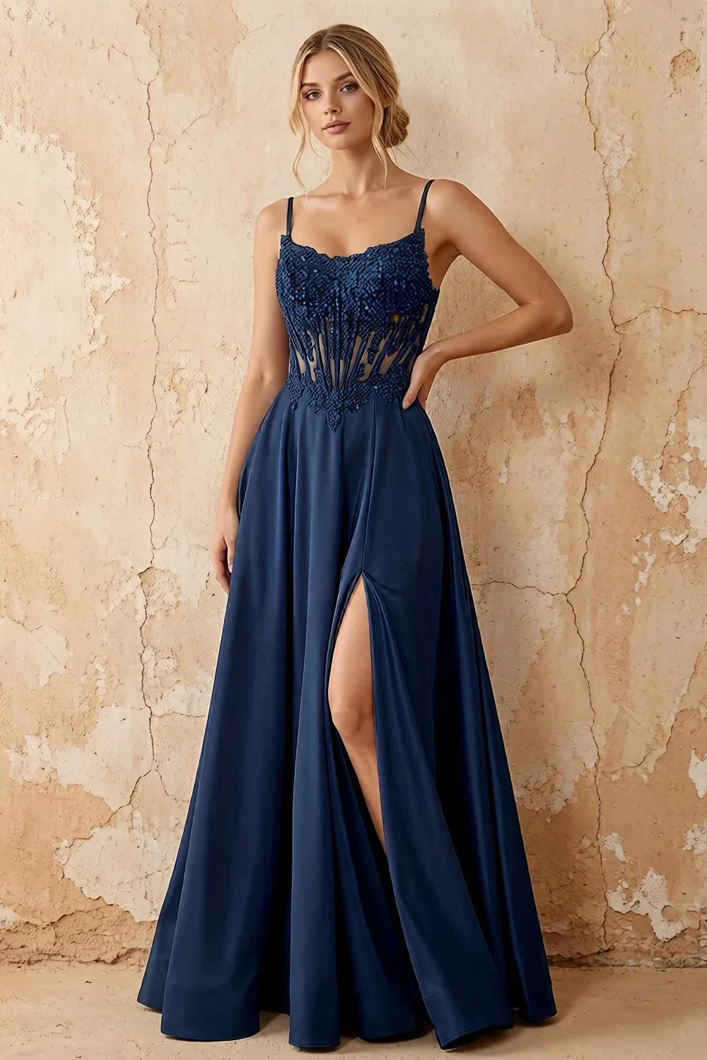 Joy Navy Blue Satin Beading Detachable Straps Maxi Dress