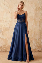 Joy Navy Blue Satin Beading Detachable Straps Maxi Dress