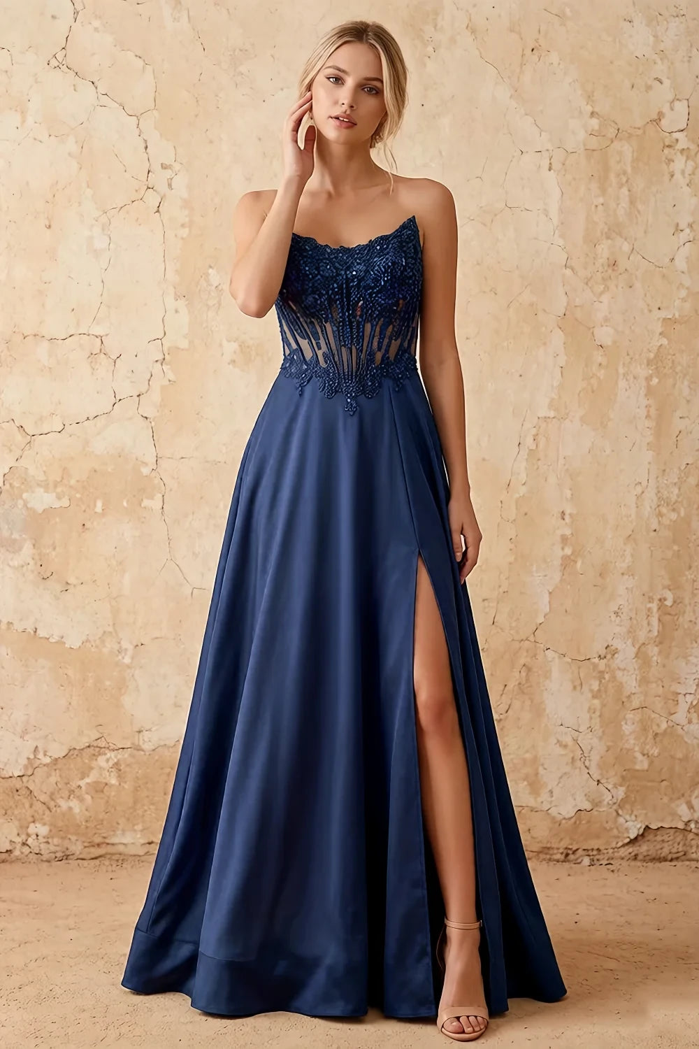 Joy Navy Blue Satin Beading Detachable Straps Maxi Dress