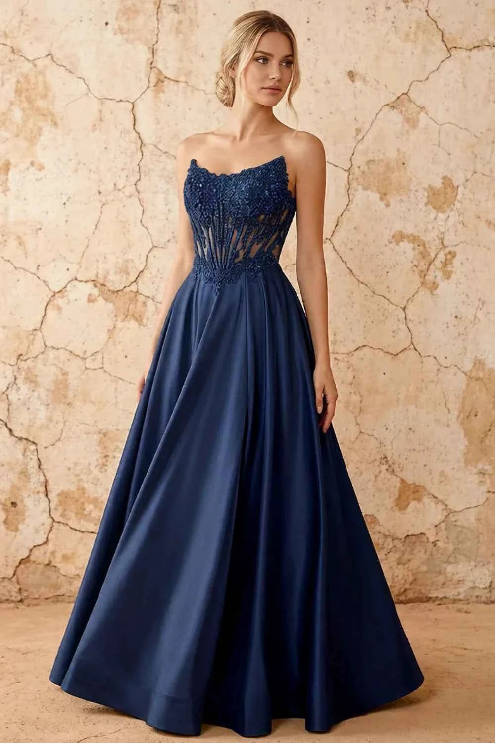 Joy Navy Blue Satin Beading Detachable Straps Maxi Dress