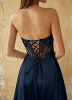 Joy Navy Blue Satin Beading Detachable Straps Maxi Dress