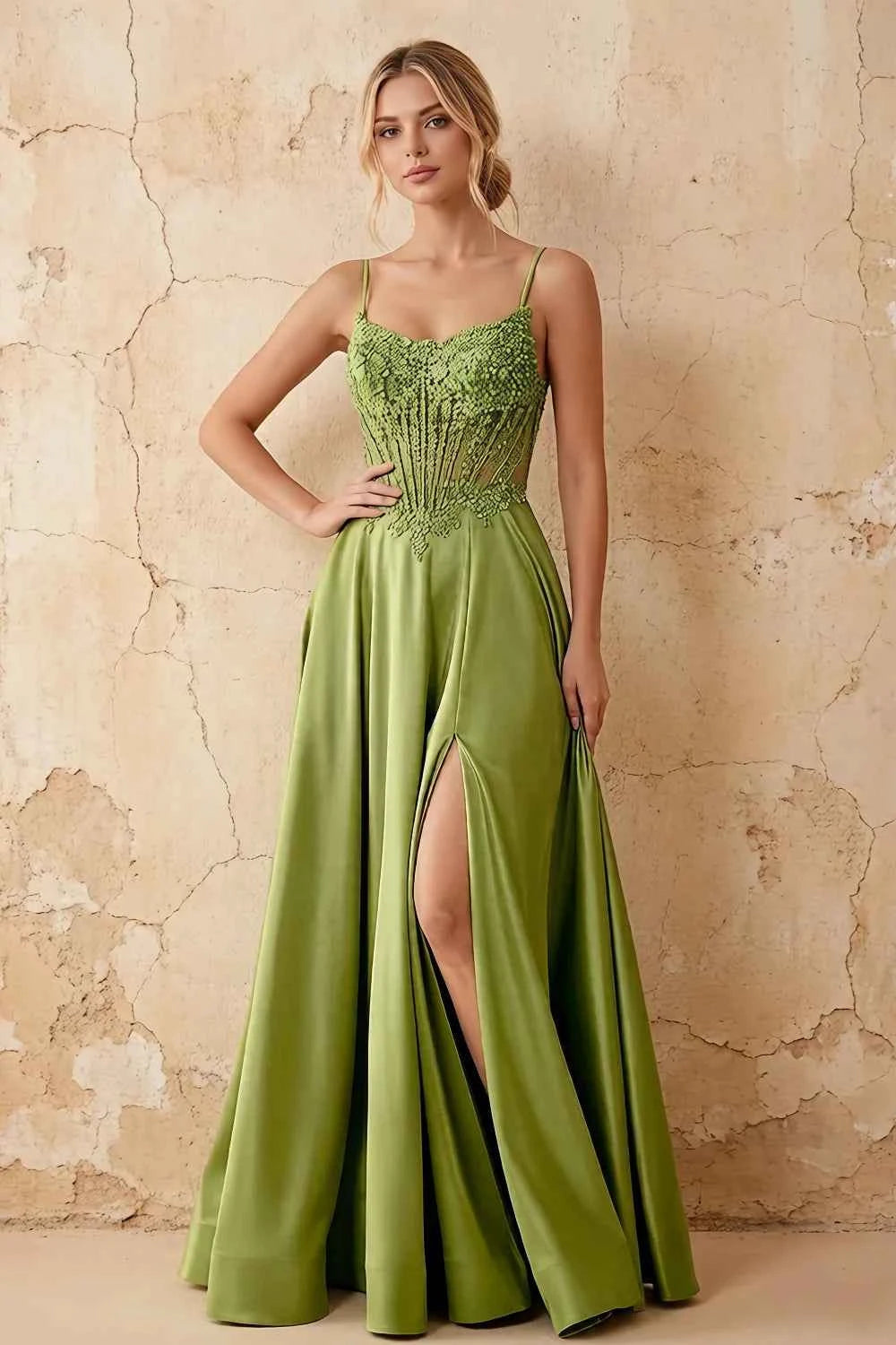 Joy Olive Green Satin Beading Detachable Straps Maxi Dress Main image
