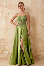 Joy Olive Green Satin Beading Detachable Straps Maxi Dress