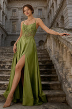 Joy Olive Green Satin Beading Detachable Straps Maxi Dress