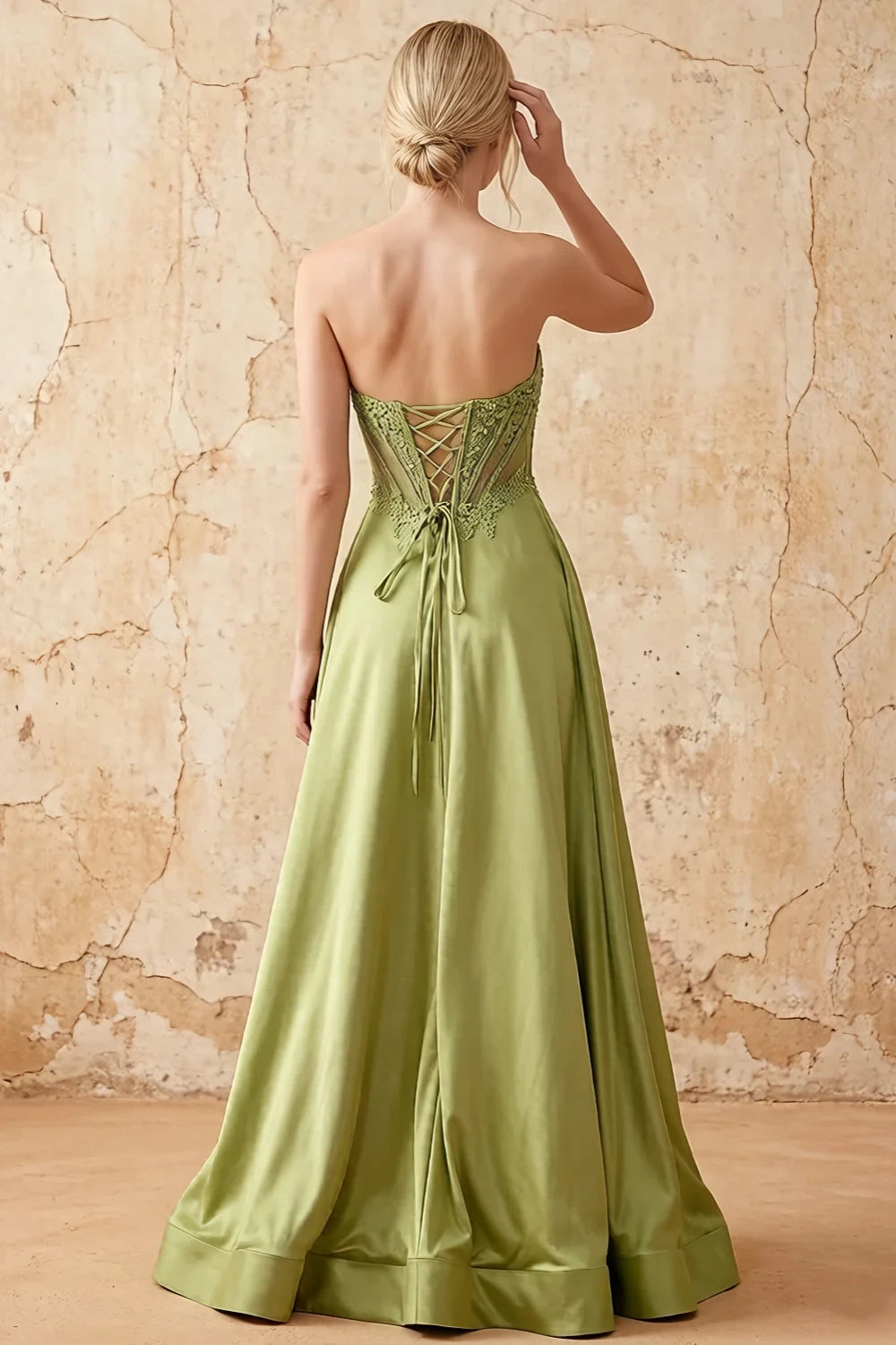 Joy Olive Green Satin Beading Detachable Straps Maxi Dress