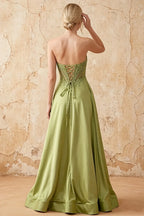 Joy Olive Green Satin Beading Detachable Straps Maxi Dress