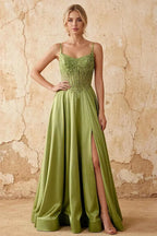 Joy Olive Green Satin Beading Detachable Straps Maxi Dress